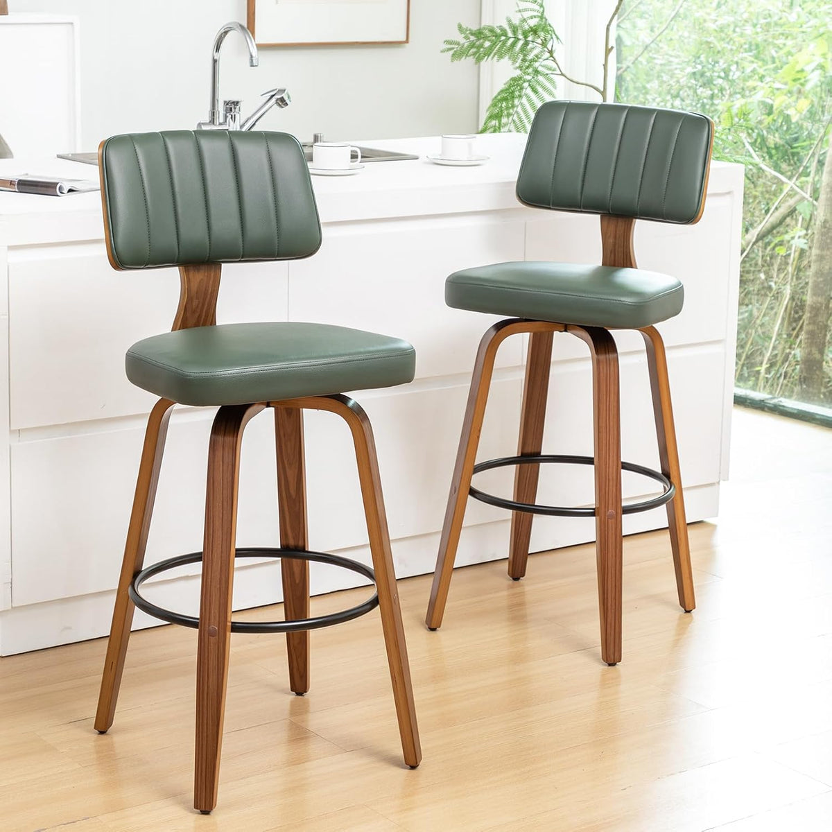 LUNLING 25.2” Swivel Bar Stools Set of 2,Green Faux Leather Counter Height Barstools with Back,Mid Century Modern Wood High Walnut Bar Chairs,Modern Kitchen Island Chairs for Home Dining