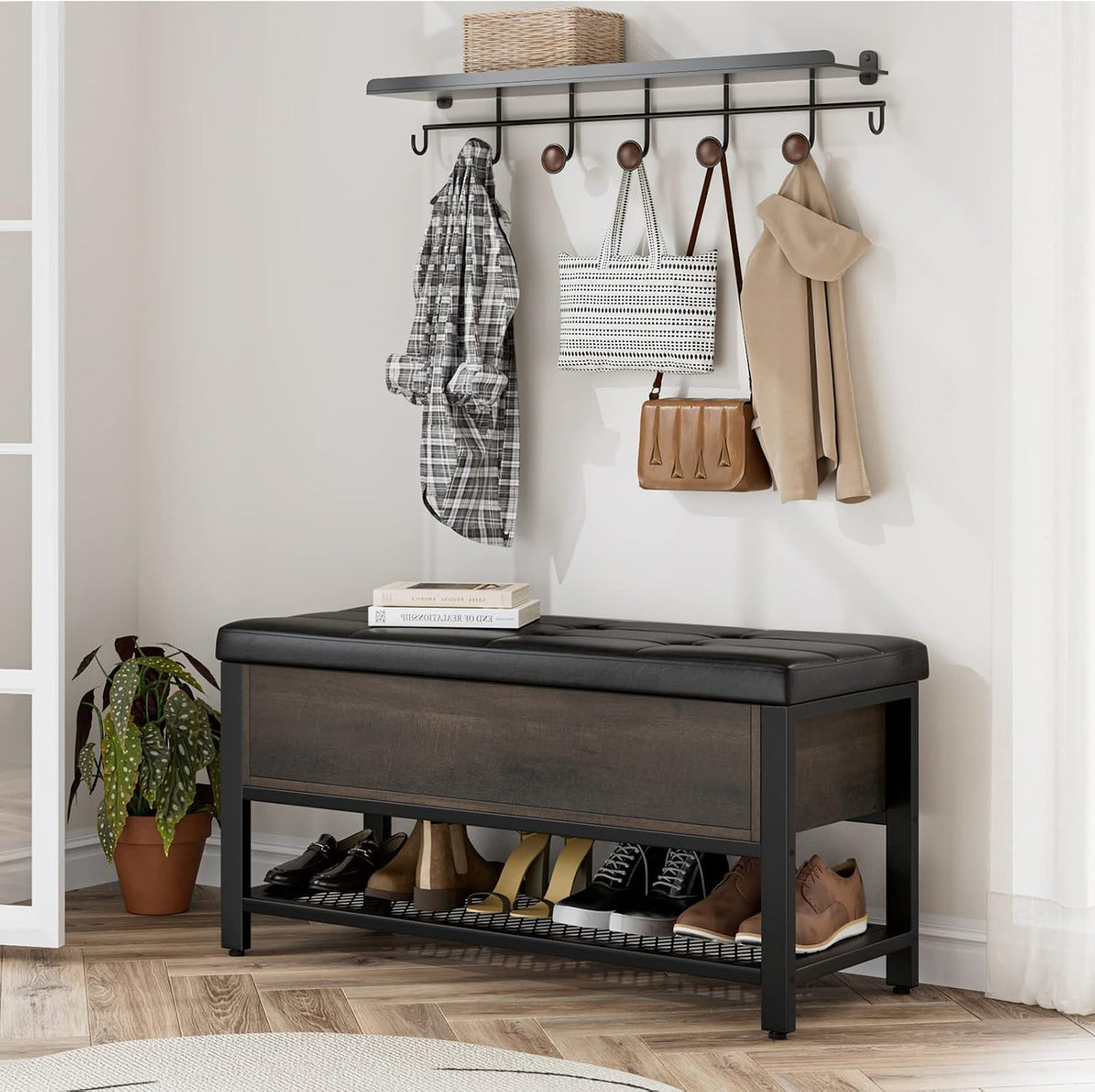 HOSTACK 40" W Storage Bench, Entryway Shoe Bench with Cushion, Dark Brown