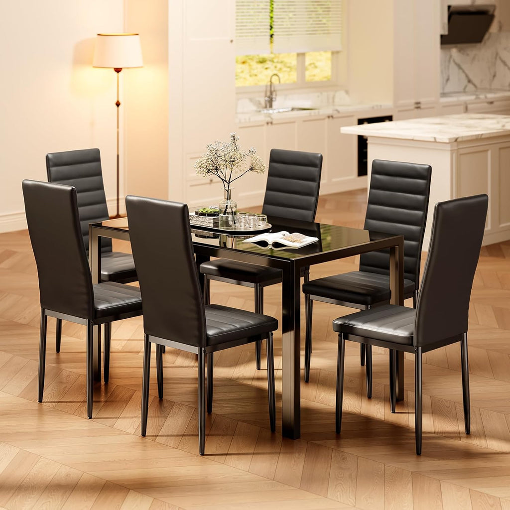 Bealife Kitchen Dining Table Set for 6, Tempered Glass 7 Piece - Black