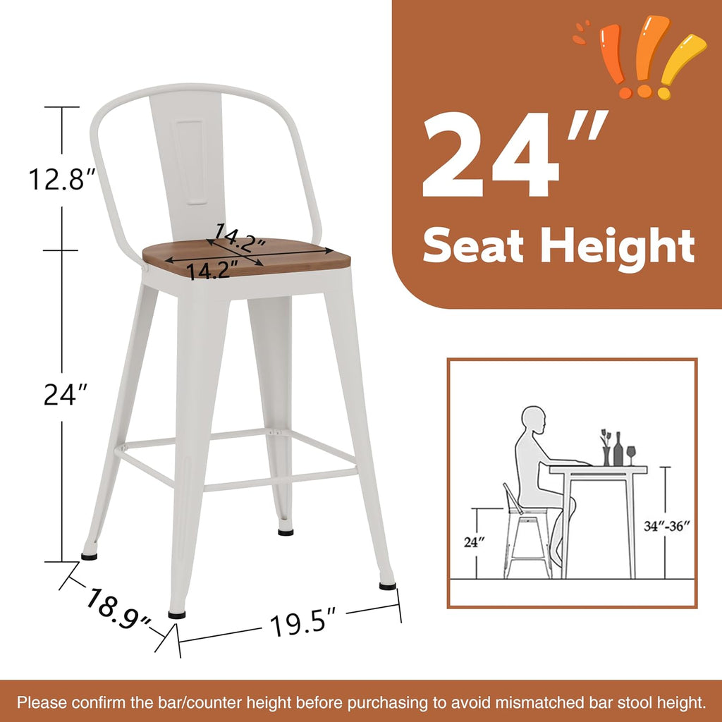 24" Metal Counter Height Bar Stools with Back Set of 4 Off-White