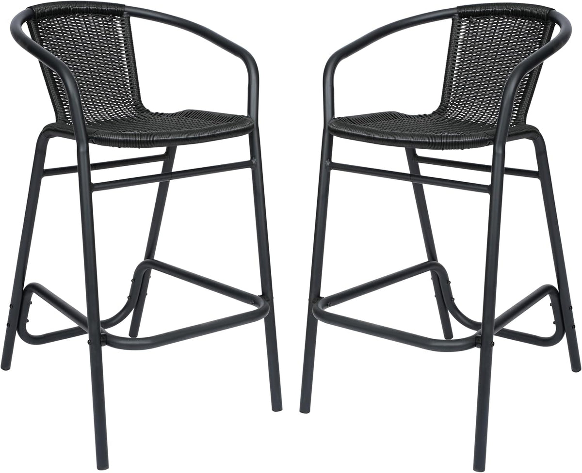 Flash Furniture PE Rattan Indoor/Outdoor Restaurant Barstool, Black, 2-Pack