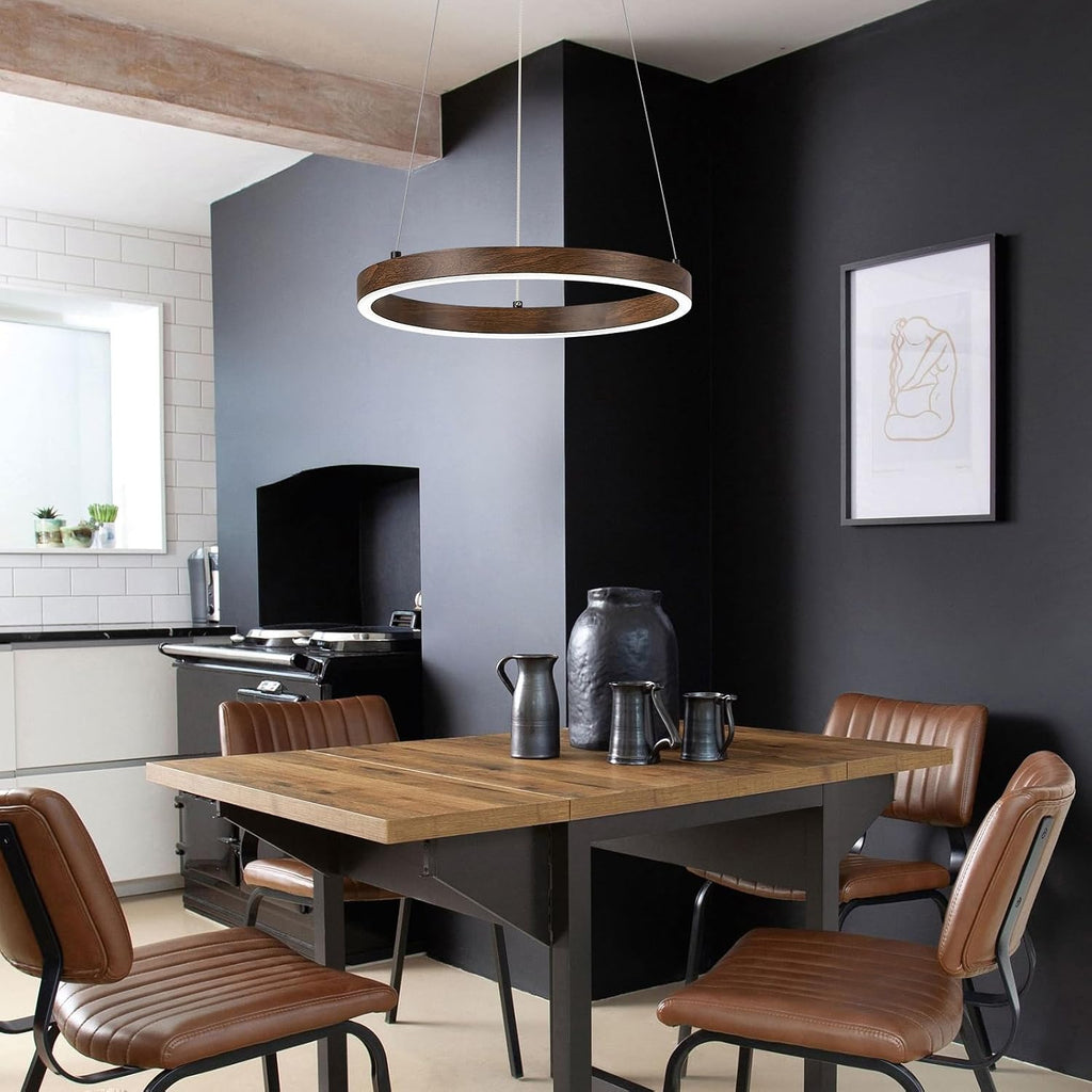 12in LED Ring Chandelier Wood Grain Modern Dimmable Pendant Light