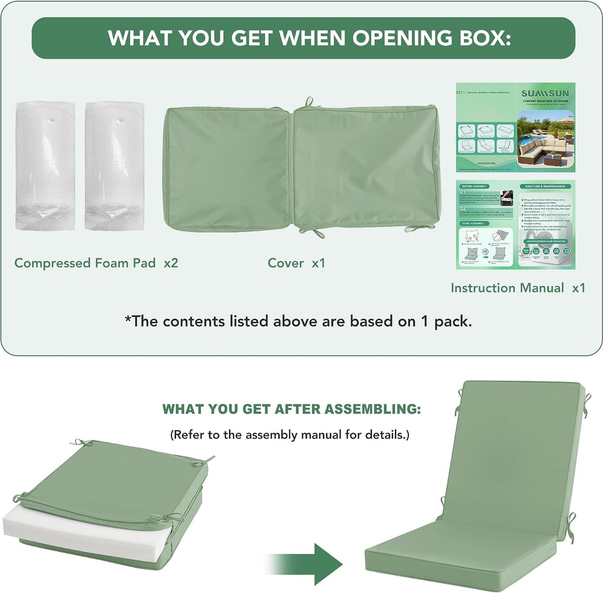 Summsun Patio Dining Chair Cushions 4-Pack, 20 x 20 Inch, Sage Green