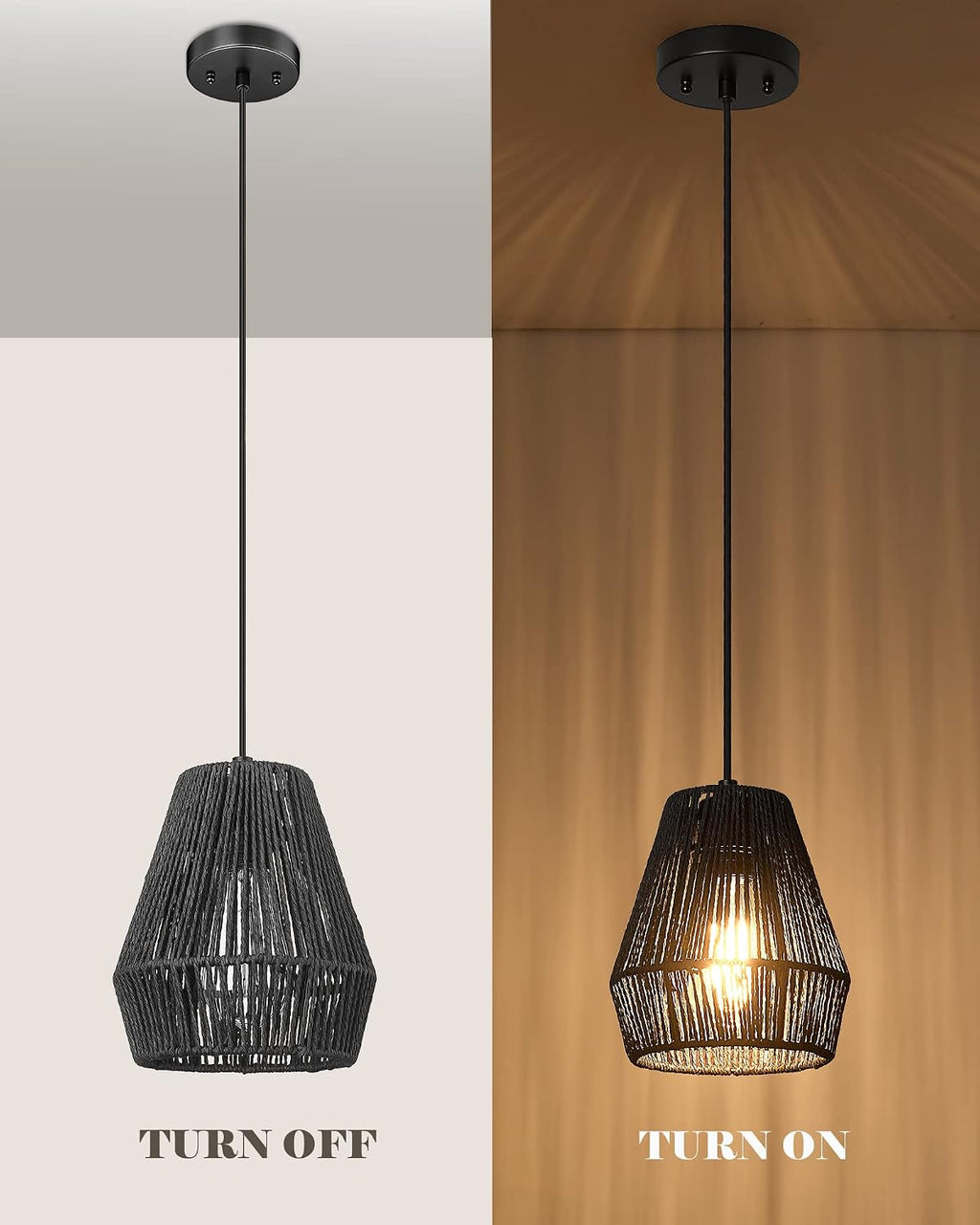 ELYONA Modern Woven Pendant Light Fixtures, 7" Farmhouse Coastal Hanging Lamp, Matte Black Handwoven Rattan Basket Shade, Boho Pendant Light for Kitchen Island Bar,Dining Room, Bedroom,Hallway 3 Pack