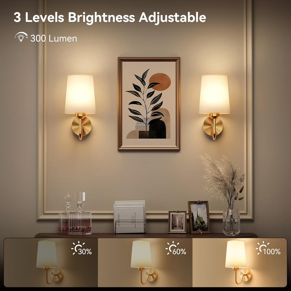 Battery Operated Wall Sconces Set of 2, Remote Control, RGB Bulb, Gold