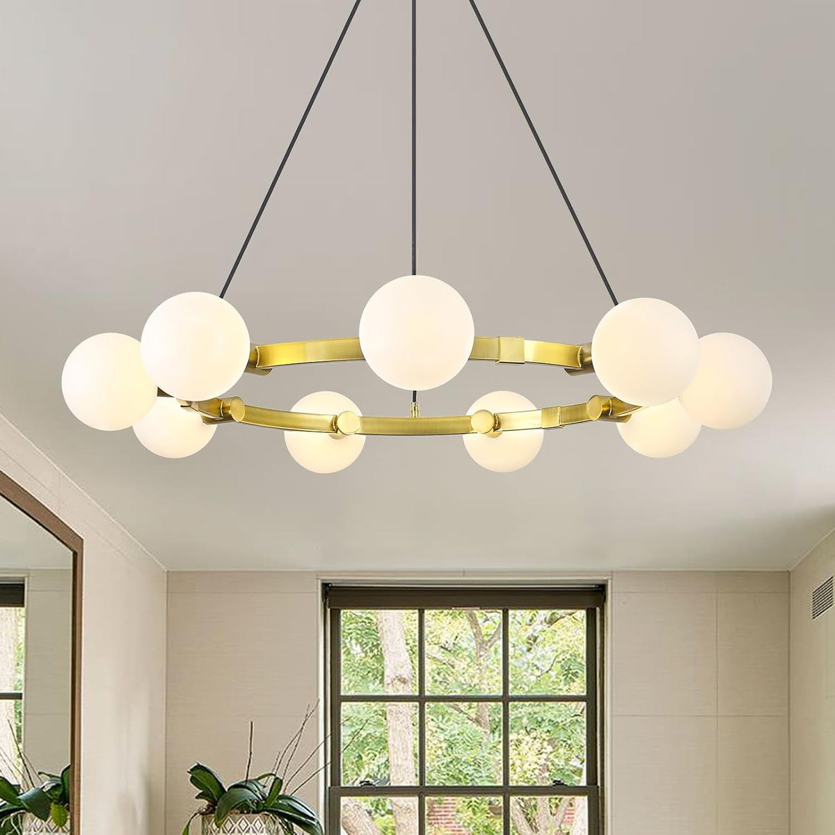 9-Light Brass Sputnik Chandeliers, White Globe Ceiling Light Fixture Over Table, Mid Century Large Gold Wagon Wheel Chandelier for High Ceiling Living Room Kitchen Island Foyer