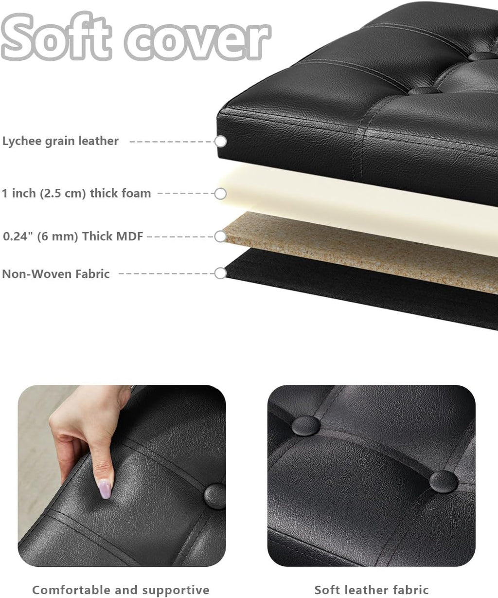 bsketa storage ottoman bench, 17" folding leather foot, close-up detail
