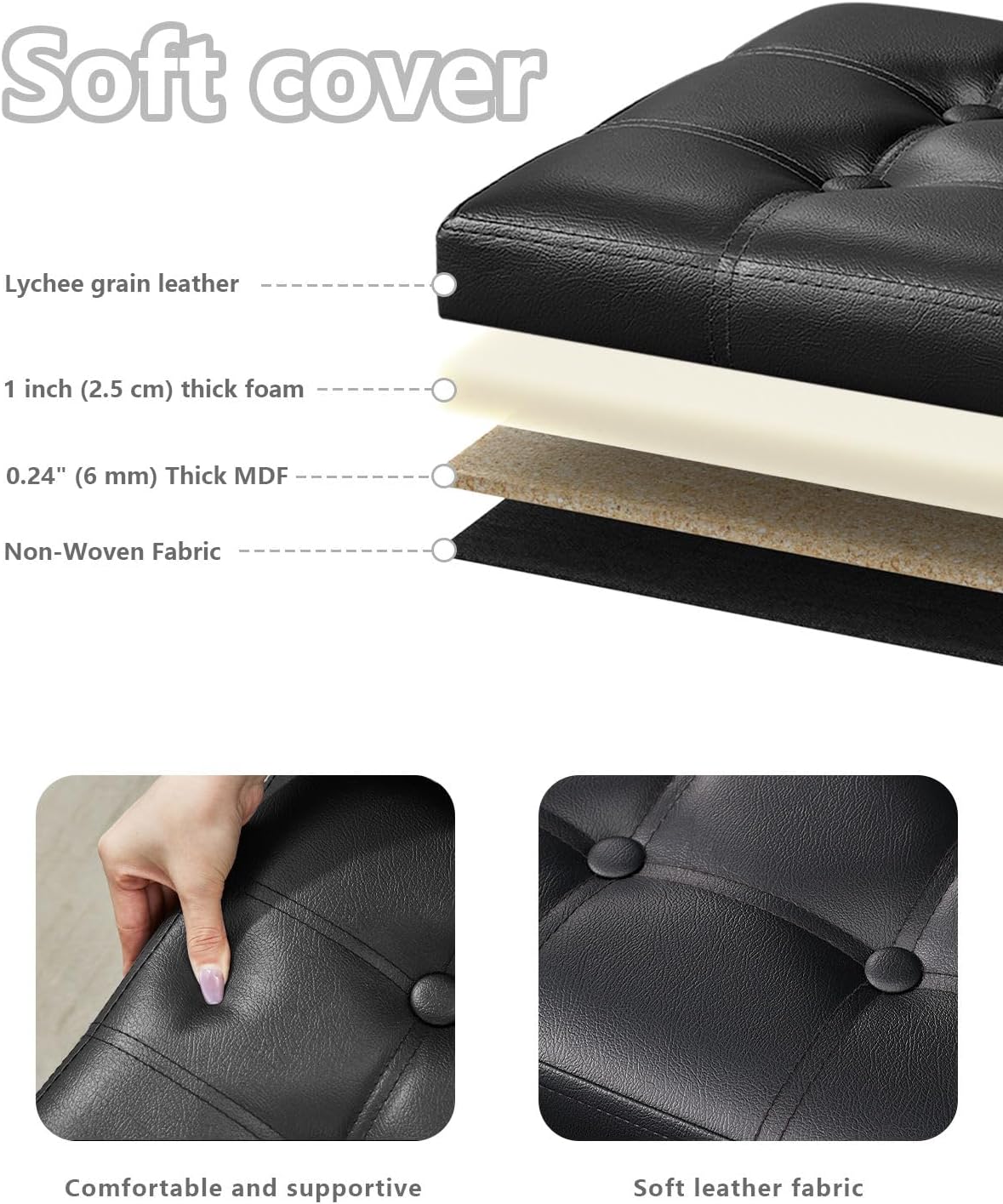 bsketa storage ottoman bench, 17" folding leather foot, close-up detail