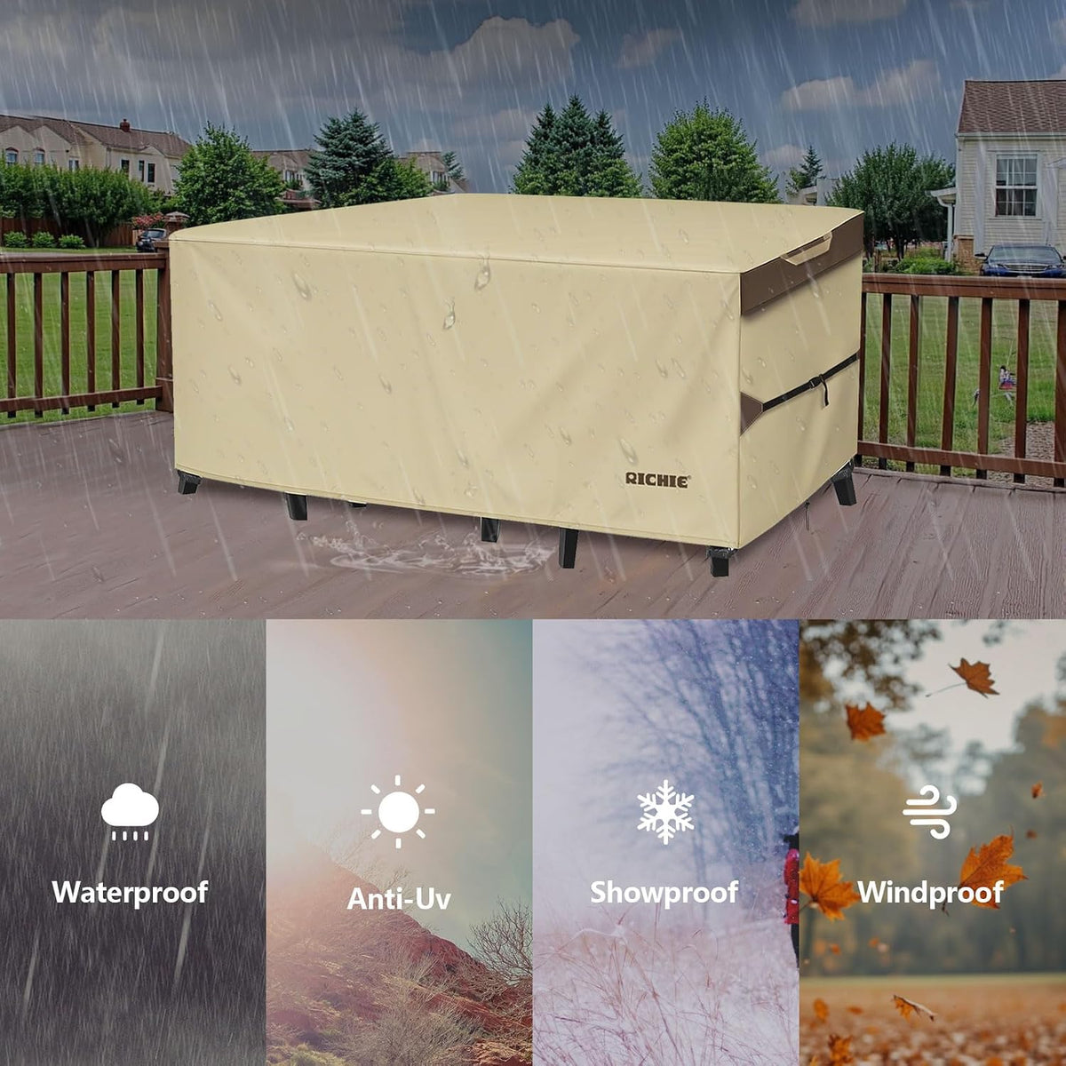 RICHIE Outdoor Patio Furniture Cover - Heavy Duty Waterproof 600D Tough Canvas Protector for Rectangular Table Cover, All-Season Dining Table and Chair Covers (96L x 44W x 28H Inch)