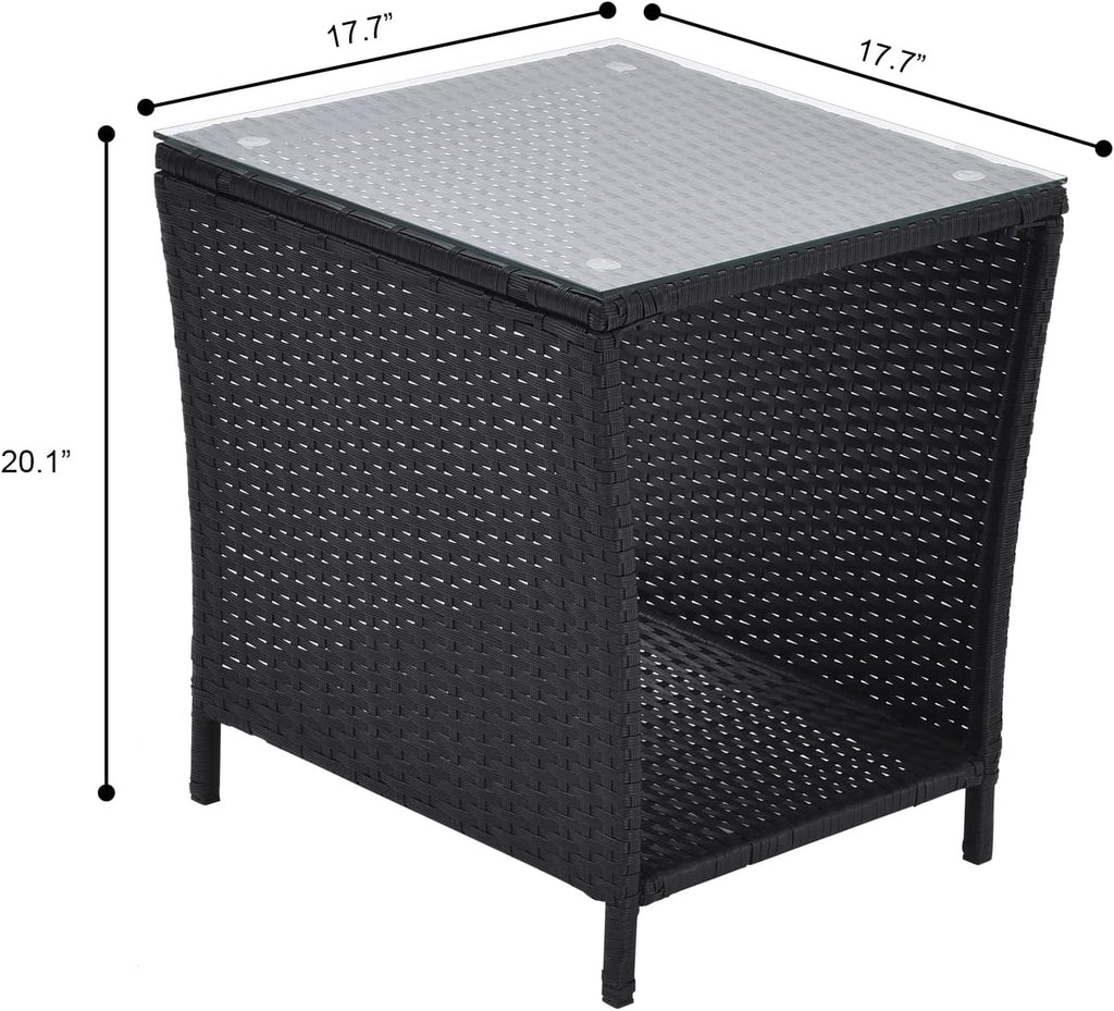 Patio Wicker Storage Side Table,Outdoor PE Rattan Woven Coffee End Table with Tempered Glass Top for Indoor Outdoor Porch Lawn Poolside Garden Backyard Balcony(Black)
