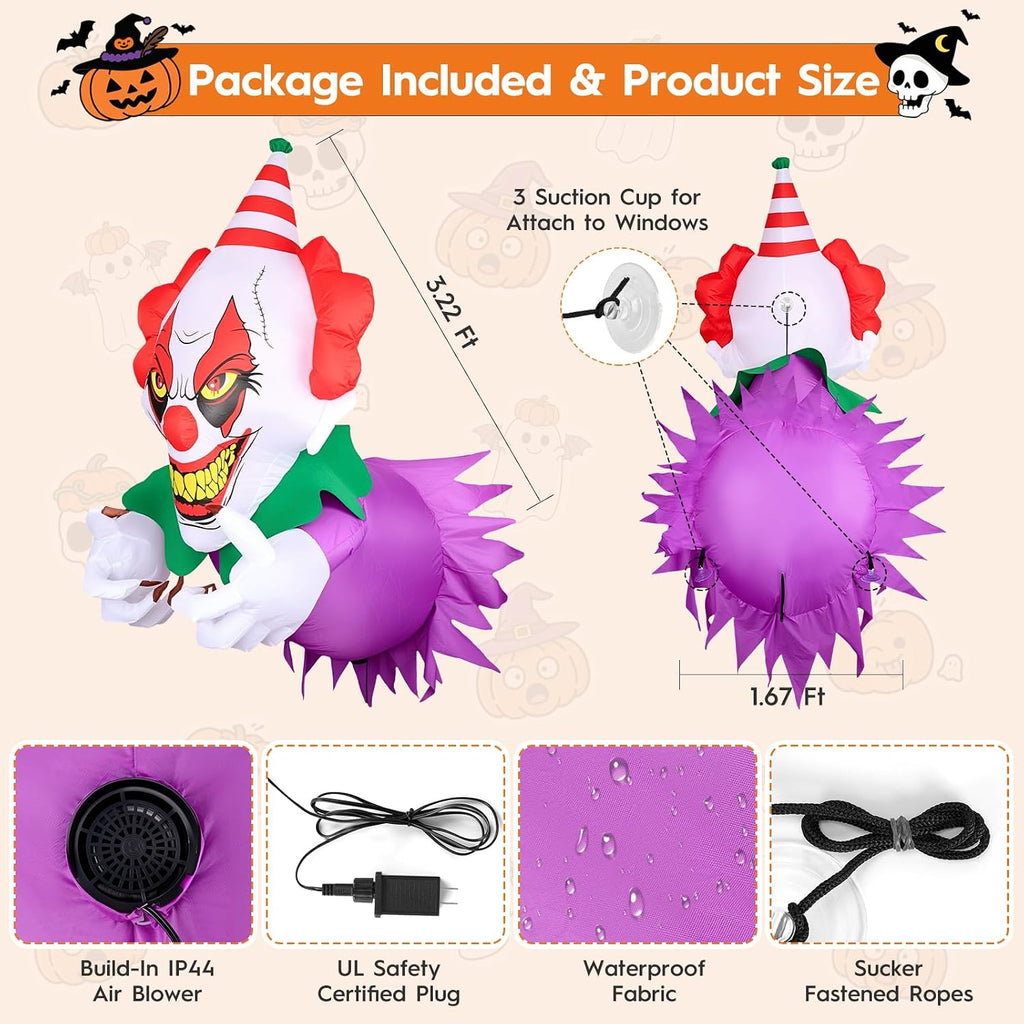 3.9 Ft Halloween Inflatables Scary Clown Broke Out from Window, Halloween Blow Up Clown with Build-in LED Lights, Halloween Decorations Window for Outdoor, Indoor Party