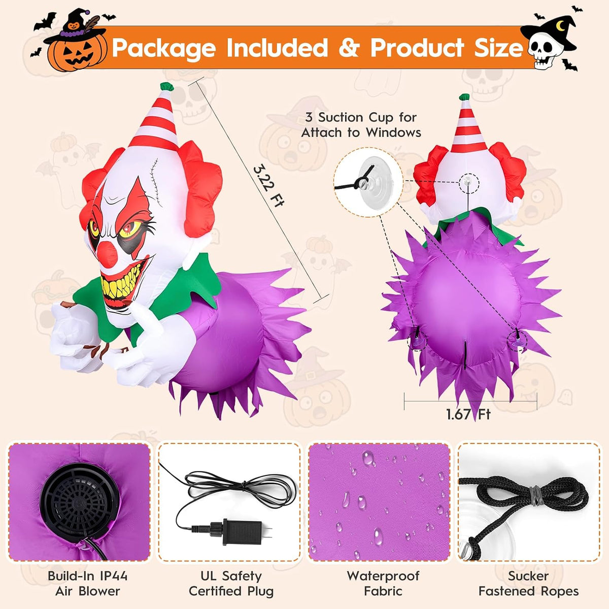 3.9 Ft Halloween Inflatables Scary Clown Broke Out from Window, Halloween Blow Up Clown with Build-in LED Lights, Halloween Decorations Window for Outdoor, Indoor Party