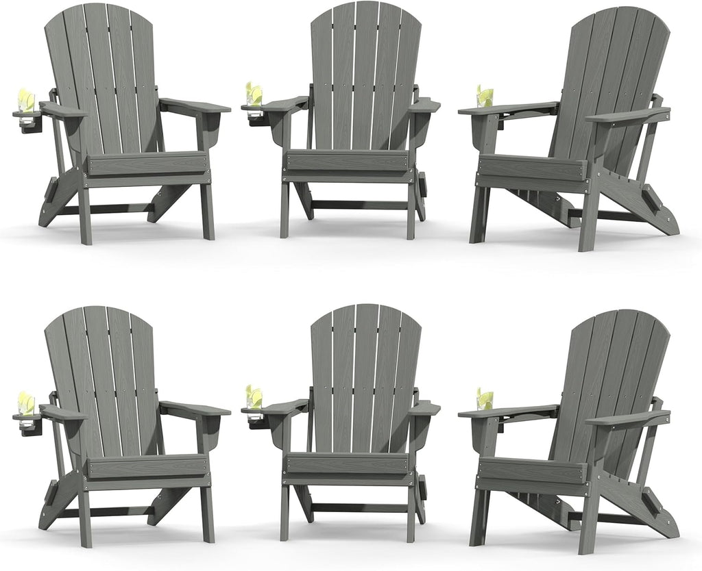 Plawdlik Folding Adirondack Chair Set of 6 with Cup Holder，Wooden Textured ，Heavy All-Weather HDPE Comfortable Set Poolside Backyard Lawn, Gray