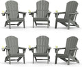Plawdlik Folding Adirondack Chair Set of 6 with Cup Holder，Wooden Textured ，Heavy All-Weather HDPE Comfortable Set Poolside Backyard Lawn, Gray