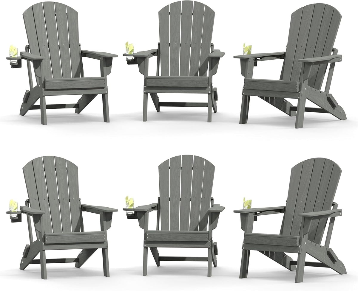 Plawdlik Folding Adirondack Chair Set of 6 with Cup Holder，Wooden Textured ，Heavy All-Weather HDPE Comfortable Set Poolside Backyard Lawn, Gray