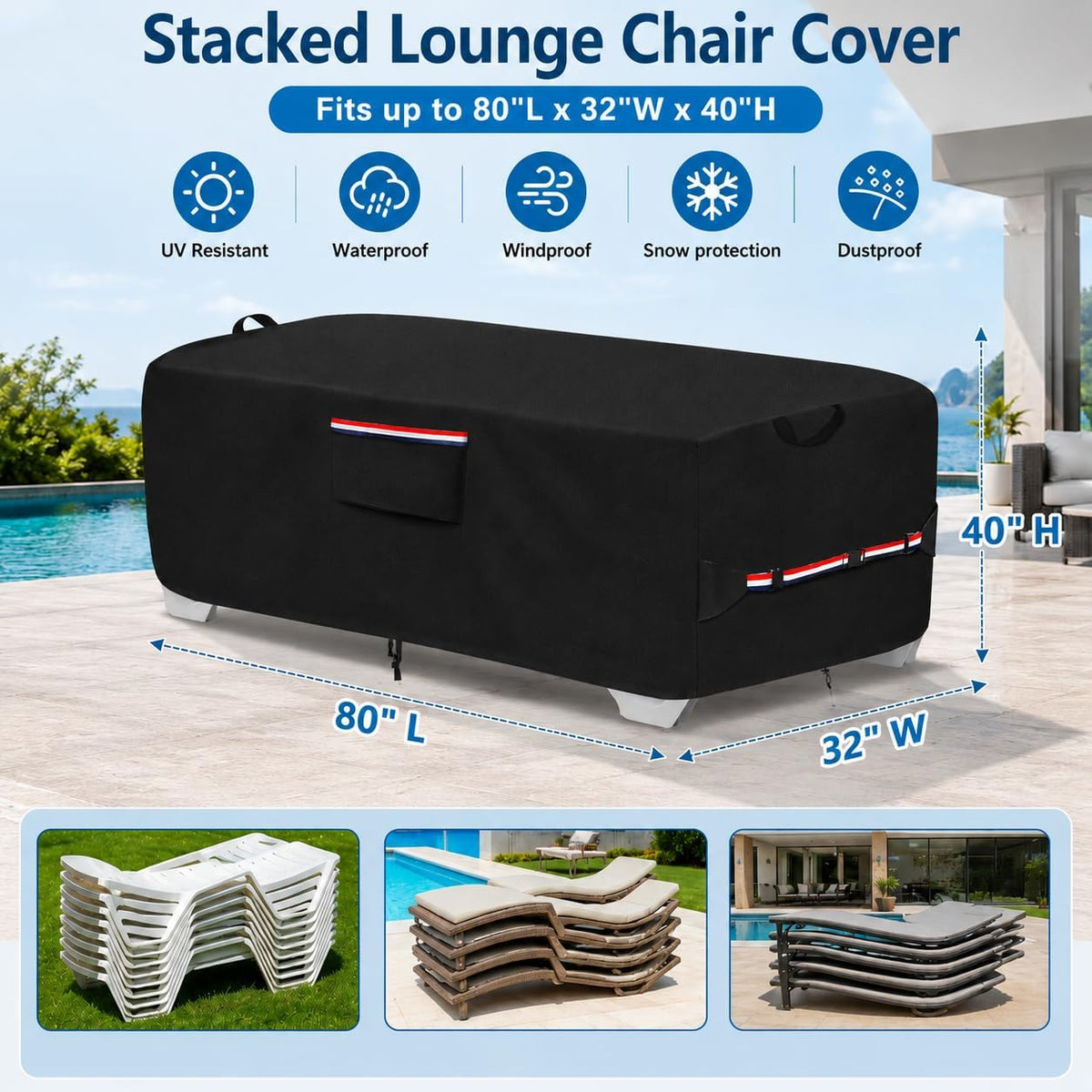 Outdoor Chaise Lounge Cover for 4-6 Stackable Patio Chaise Lounge Chairs