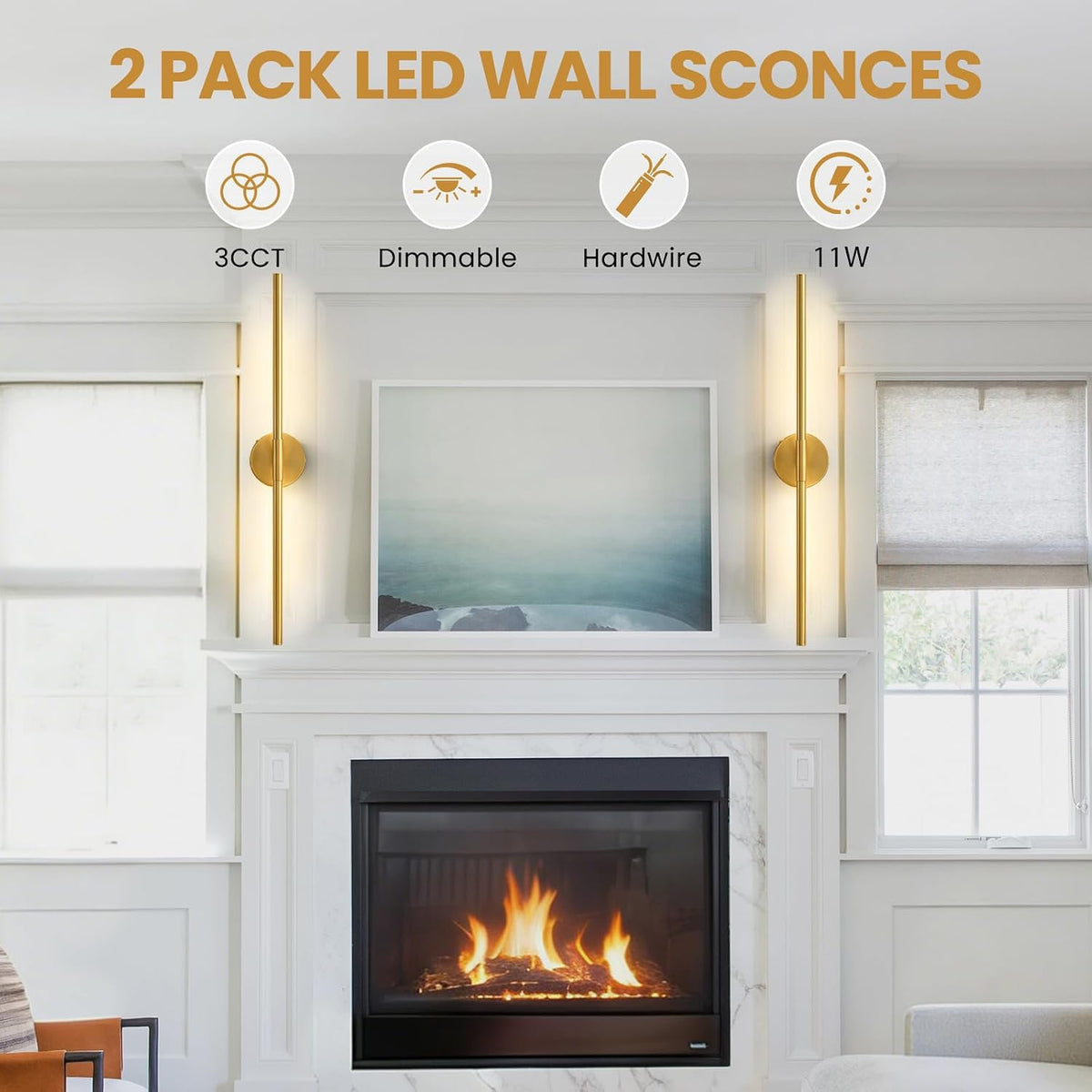Lightania Hardwired Wall Sconces Set of Two, 28'' Modern Gold LED Wall Lights, 360° Rotatable, 2700K-5000K Adjustable, 3CCT Dimmable Wall Sconce Light Fixture for Living Room Bedroom Hallway, ETL