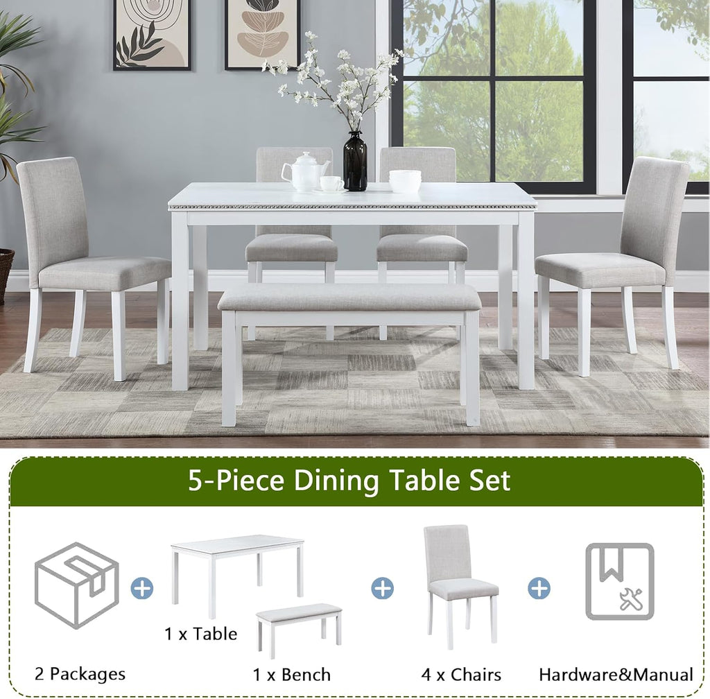 LUMISOL 6-Piece Dining Table Set for 6, Solid Wood Kitchen Table Set with 4 Upholstered Chairs & Bench for Kitchen, Dining Room, Living Room, White