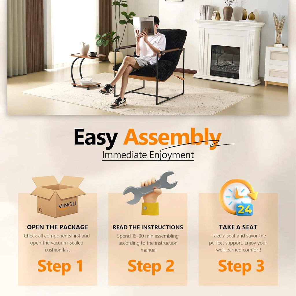 VINGLI 28" Wide Plush Upholstery Sling Modern Accent Chair with Metal Frame, Cute Reading Armchair with Removable Seat Cushion & Tan Microfiber Seat Base, Lazy Chair for Bedroom & Lounge,Black
