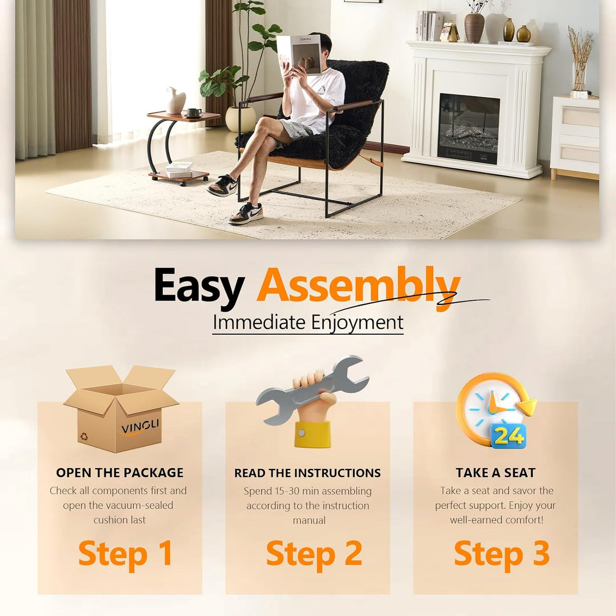 VINGLI 28" Wide Plush Upholstery Sling Modern Accent Chair with Metal Frame, Cute Reading Armchair with Removable Seat Cushion & Tan Microfiber Seat Base, Lazy Chair for Bedroom & Lounge,Black