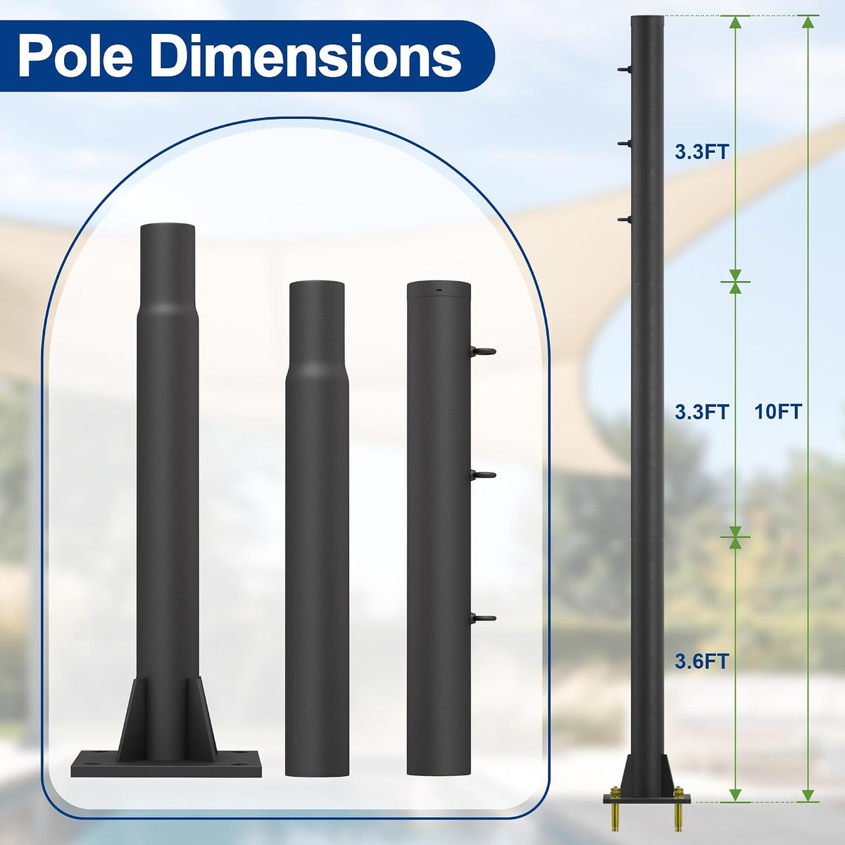 10ft Sun Shade Pole, 3" Diameter Heavy Duty Metal, Black Shade Sail Pole with 3 Rings for Patio, Deck, Playground, Backyard & Playground, One Pole