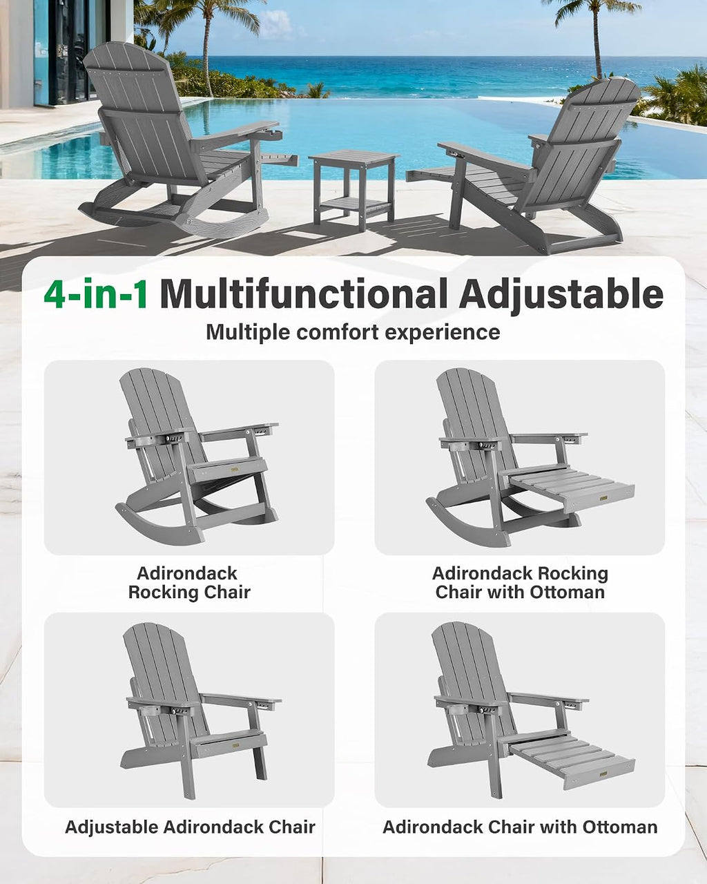 YEFU Adirondack Rocking Chairs, Adirondack Chair with Footrest, Grey