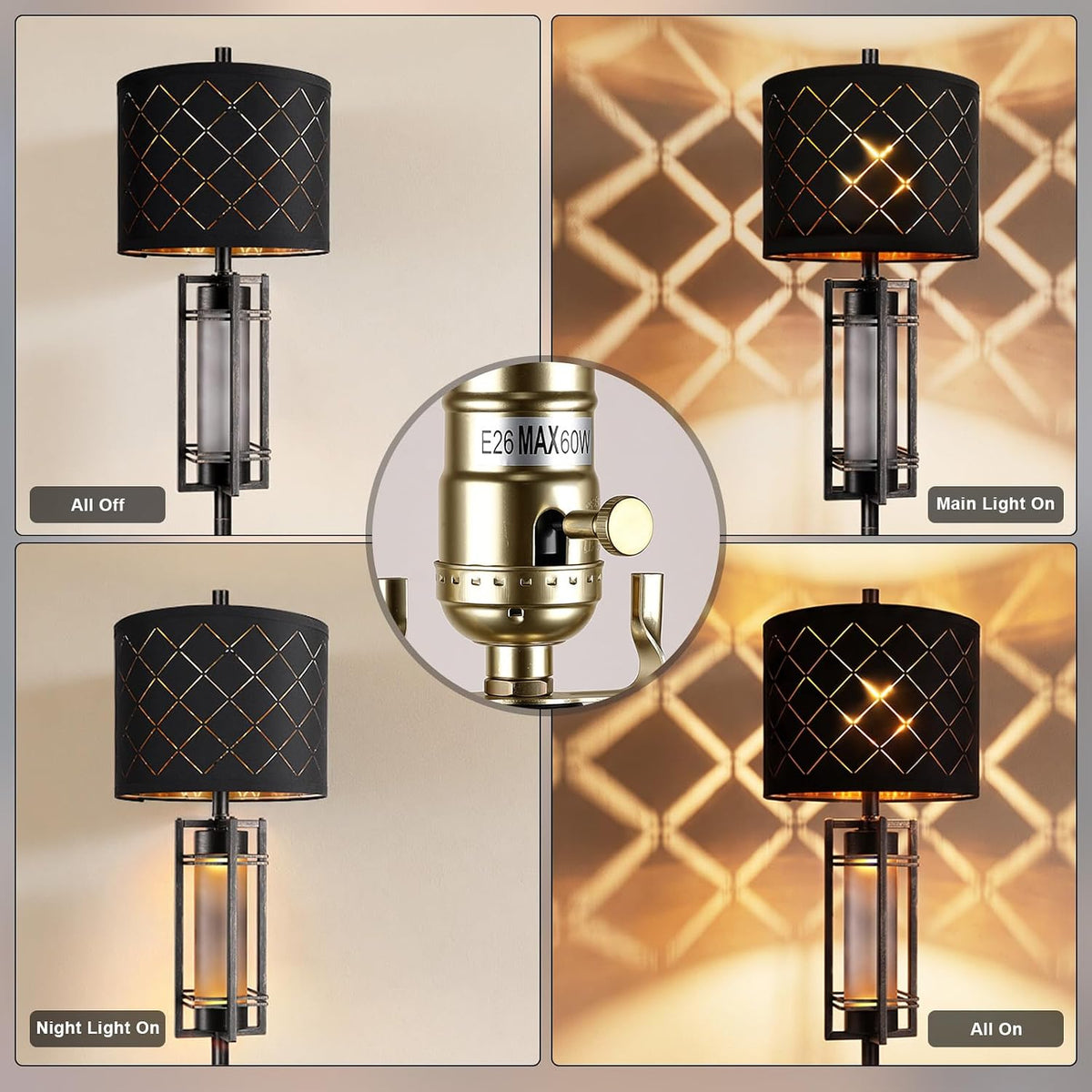 74'' Floor Lamp with Nightlight, Modern Black Tall Standing Lamp,Metal Base