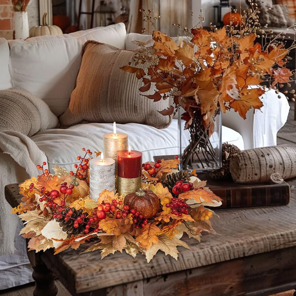 22" Artificial Fall Wreath for Front Door Autumn Harvest Wreath with Pumpkin Oak Maple Leaf Pine Cones Eucalyptus Berry for Halloween Thanksgiving Day Indoor Outdoor Farmhouse Window Wall Décor