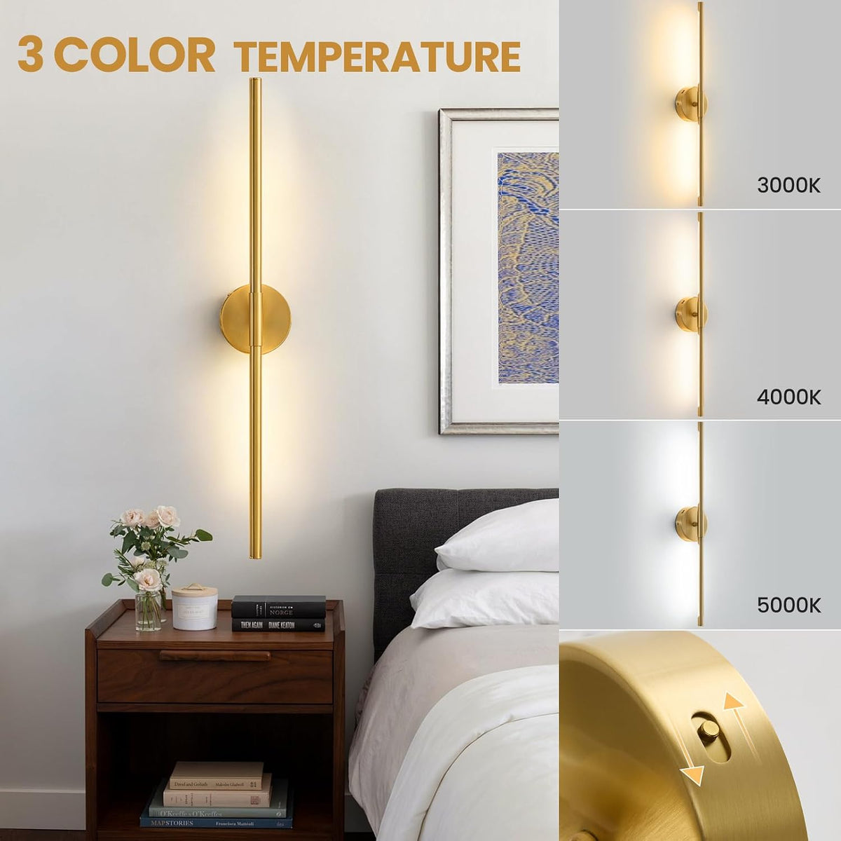 Lightania Hardwired Wall Sconces Set of Two, 28'' Modern Gold LED Wall Lights, 360° Rotatable, 2700K-5000K Adjustable, 3CCT Dimmable Wall Sconce Light Fixture for Living Room Bedroom Hallway, ETL