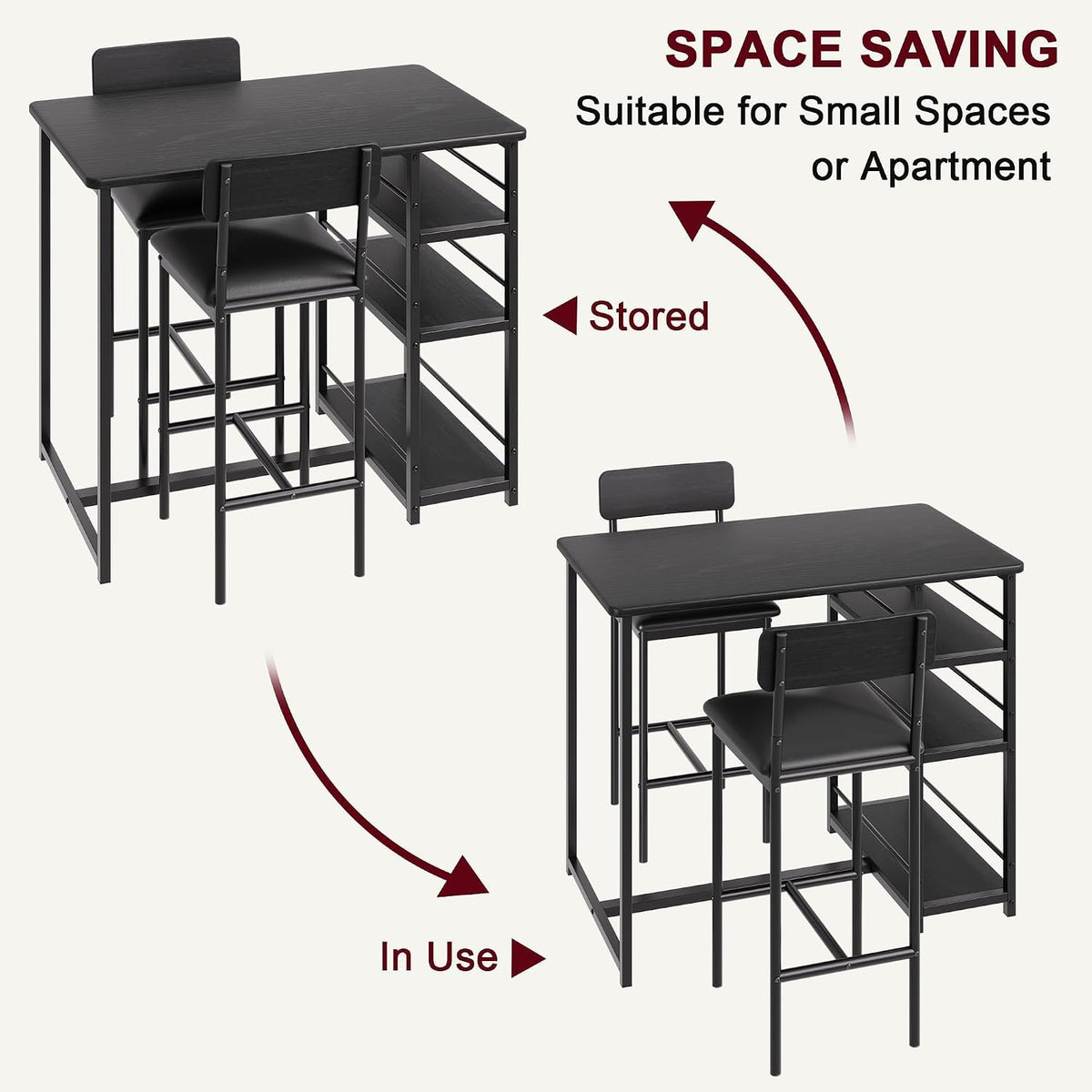 bar table and chair set with 3 shelves, close-up detail