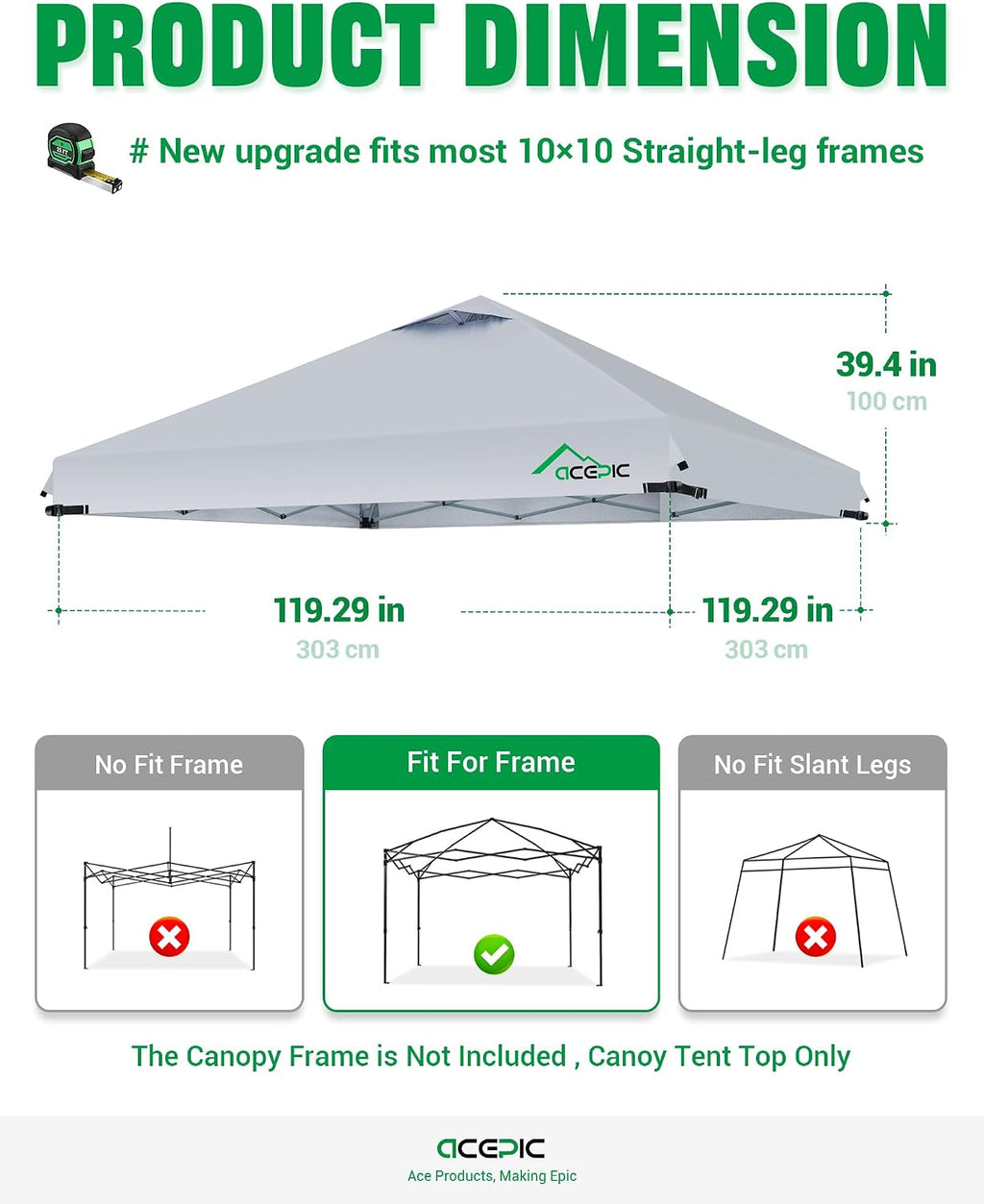 acepic upgraded 10x10 canopy replacement top with air showing dimensions