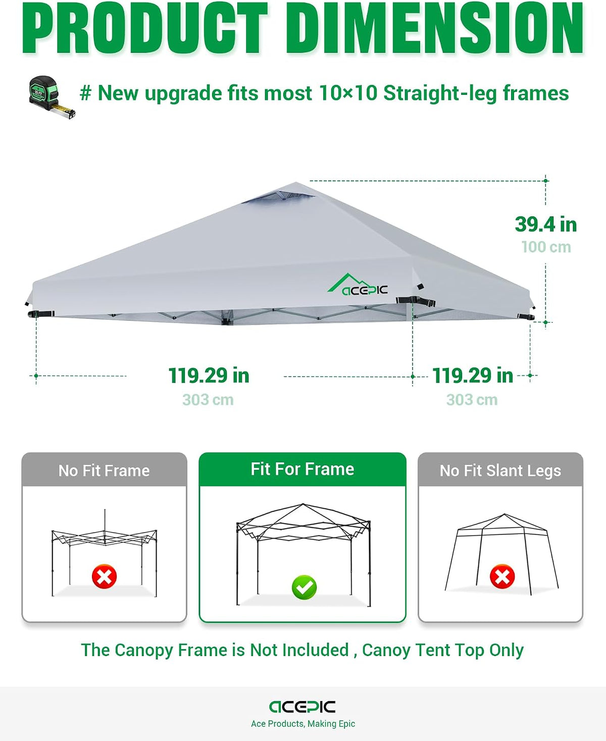 acepic upgraded 10x10 canopy replacement top with air showing dimensions