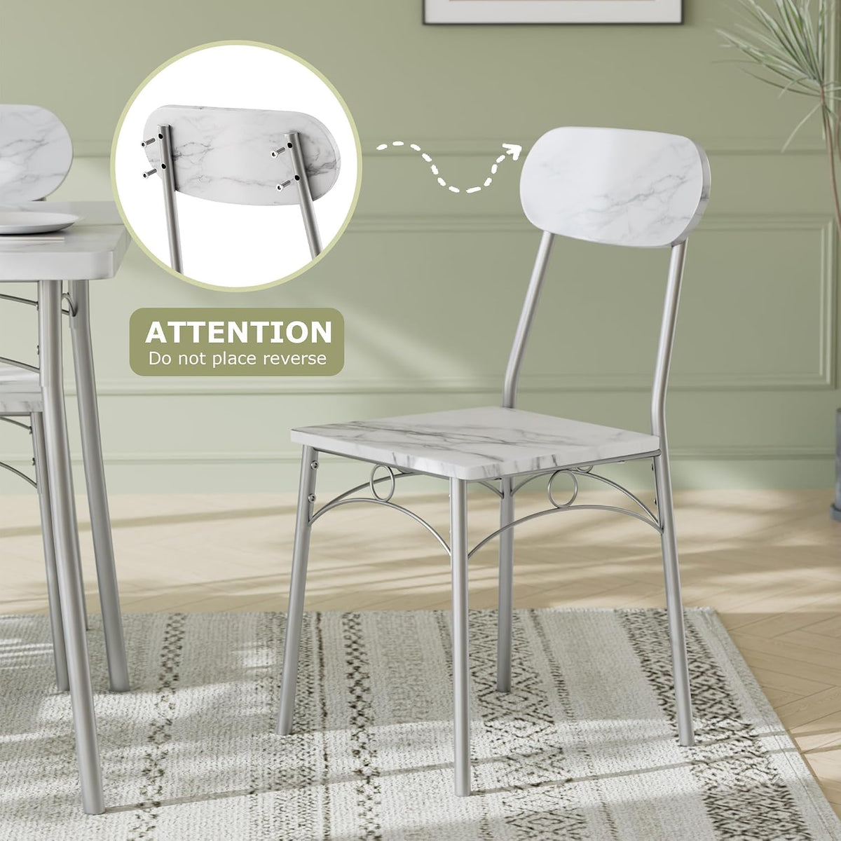 VECELO Dining Table Set for 4, 5-Piece Kitchen Table with 4 Chairs, MDF Board Tabletop with Metal Frame for Small Space, Compact Dinette, Breakfast Nook, Marble White