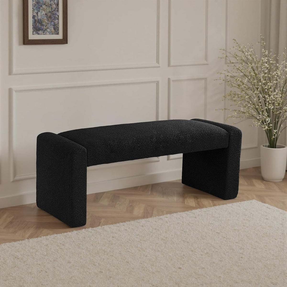 SIMTONAL Black Entryway Bench with Wood Frame, 47" Boucle Upholstered Bench