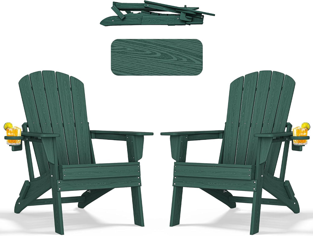 nevilywood Folding Adirondack Chairs Set of 2, HDPE Cup Holders, Green