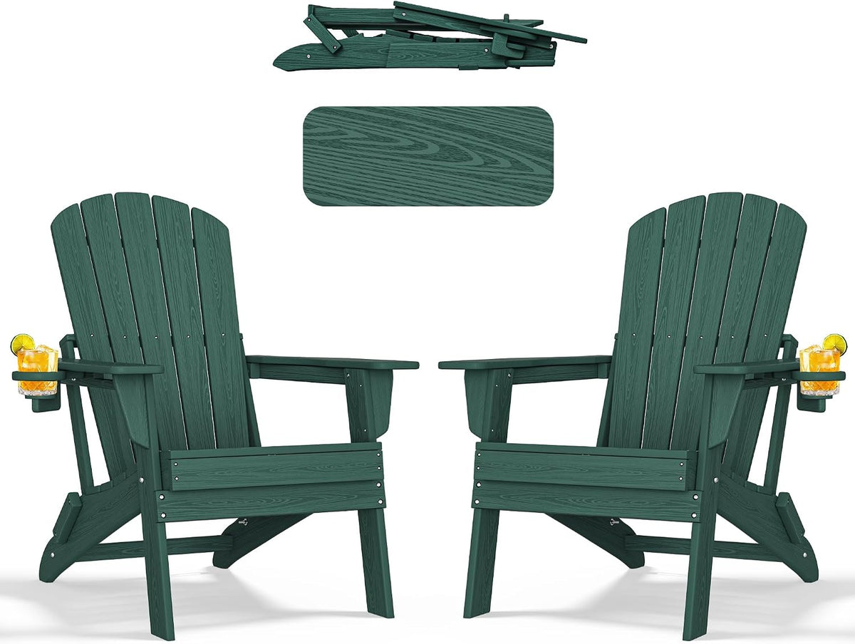 nevilywood Folding Adirondack Chairs Set of 2, HDPE Cup Holders, Green