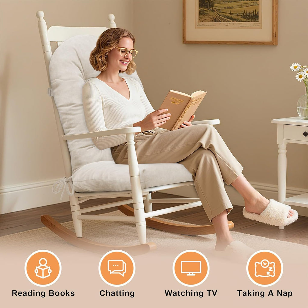 Rocking Chair Cushion 44x19, Plush 4 Inch Thick Velvet Replacement Cushion, Non-Slip with Ties, Machine Washable Tufted Chair Pad for Indoor Glider & Adirondack Rocker, Oyster White