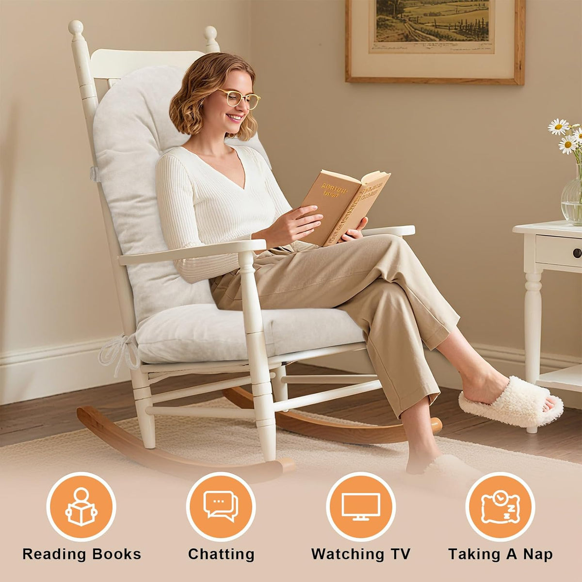 Rocking Chair Cushion 44x19, Plush 4 Inch Thick Velvet Replacement Cushion, Non-Slip with Ties, Machine Washable Tufted Chair Pad for Indoor Glider & Adirondack Rocker, Oyster White