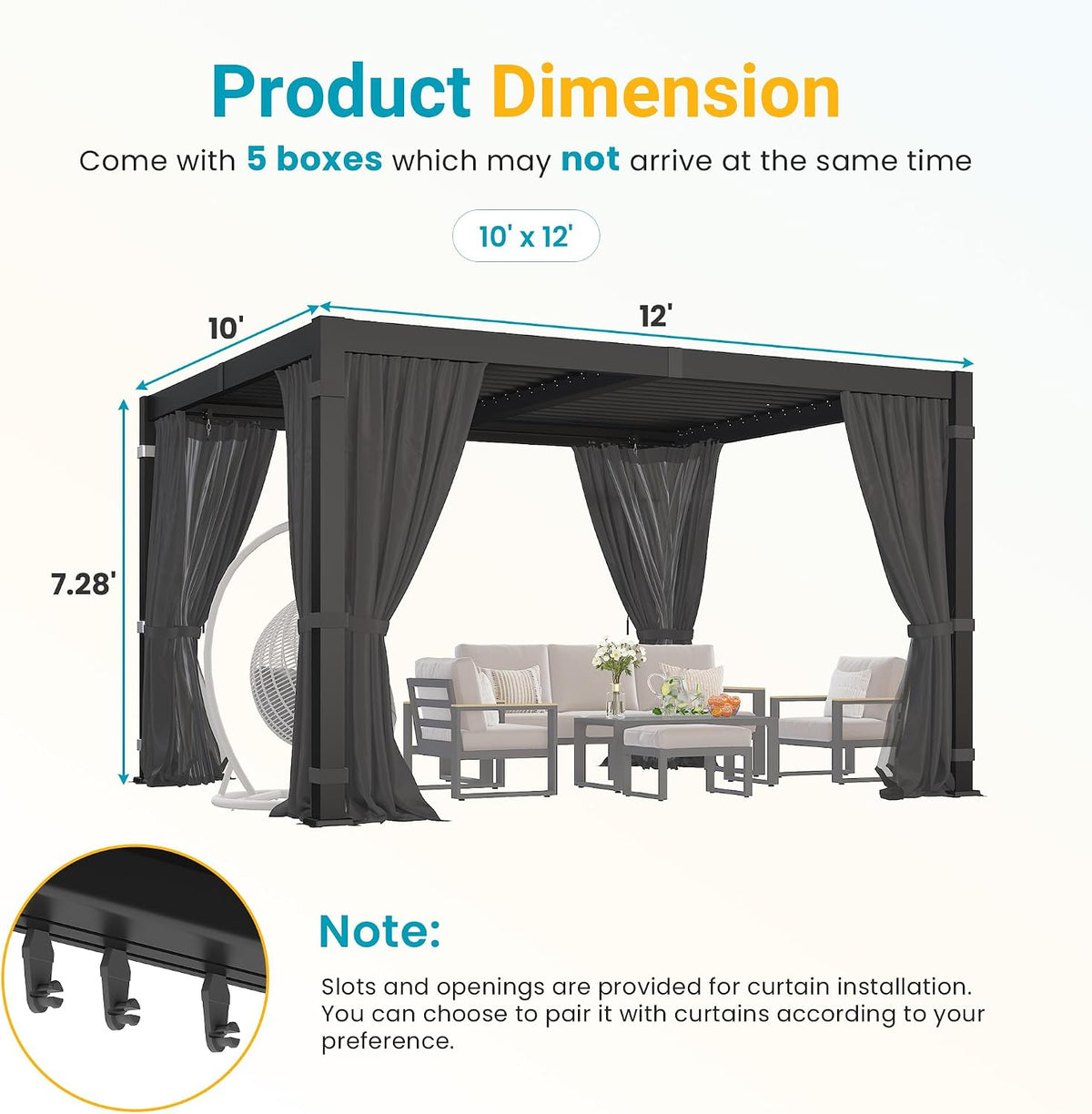 10' x 12' Pergola with Curtain & Adjustable Roof & Aluminum Frame for Patio
