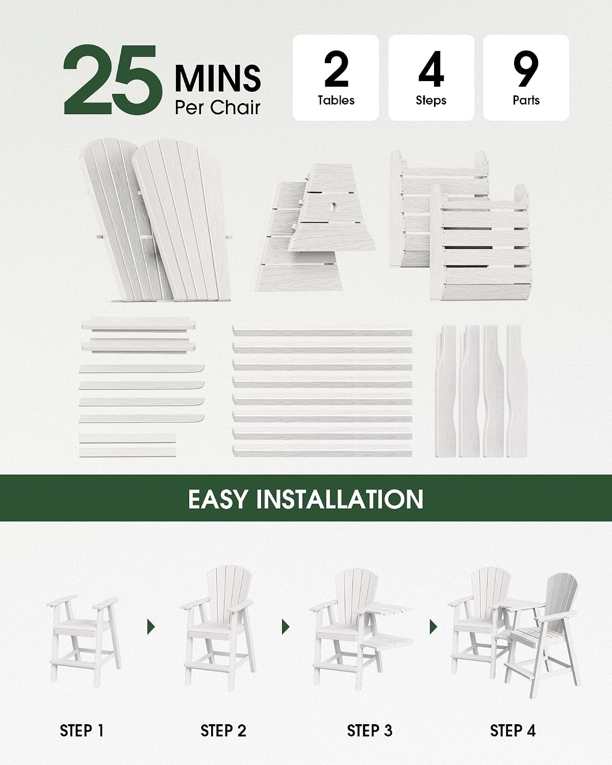 Tall Adirondack Chairs Set of 4, HDPE High Adirondack Chairs with Double Removable Trays, All Weather Outdoor Barstools for Patio, Balcony, Backyard, Deck and Garden, White