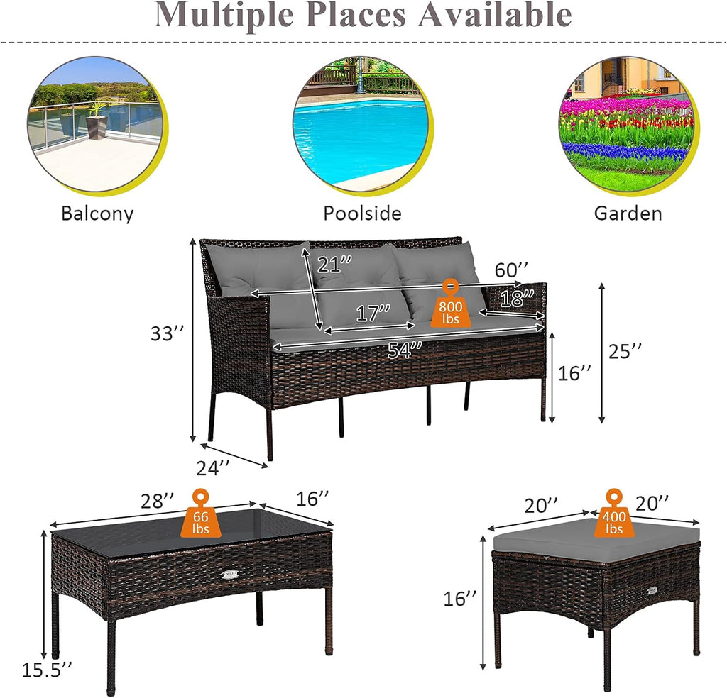 Tangkula 3 Pieces Patio Conversation Set, All Weather Outdoor PE Rattan Wicker Furniture Set with Padded Cushions, Tempered Glass Coffee Table, for Poolside, Backyard, Garden (Gray)