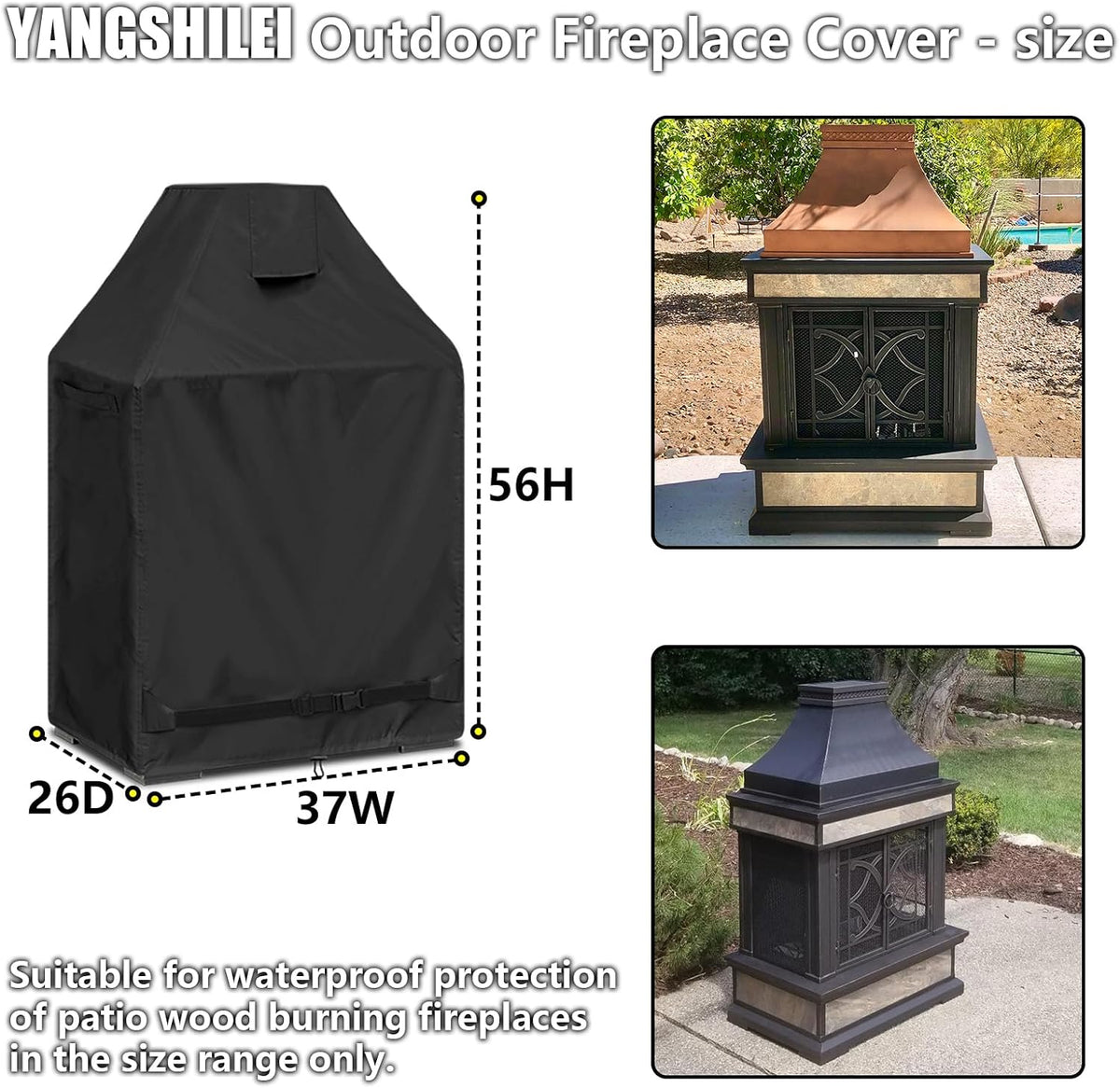 Outdoor Fireplace Cover 100% Waterproof - 37"W x 26"D x 56"H
