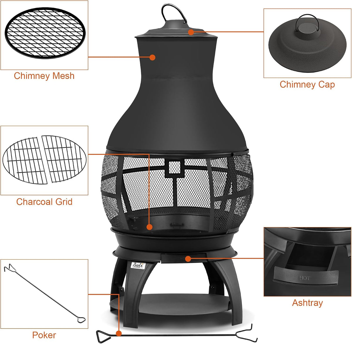 bali outdoors fire pit wood burning chiminea outside, package contents