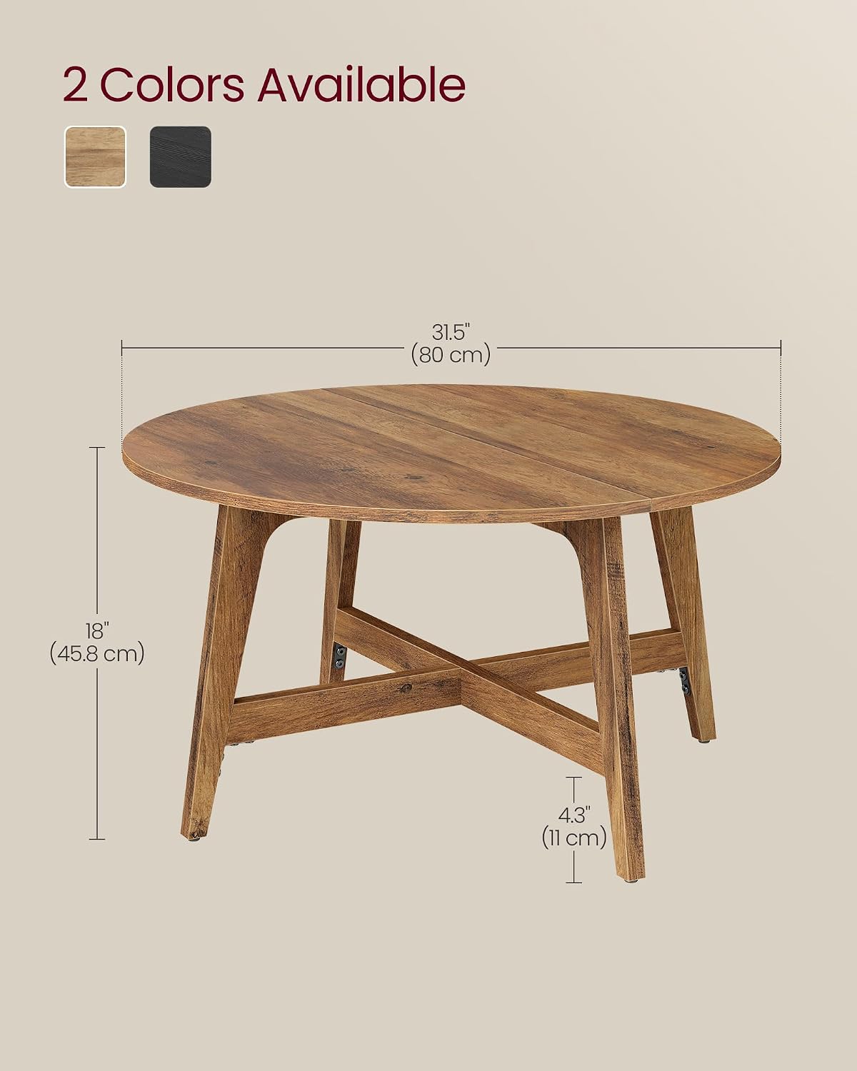 VASAGLE Round Coffee Table, 31.5-Inch Center Table, Tapered Legs
