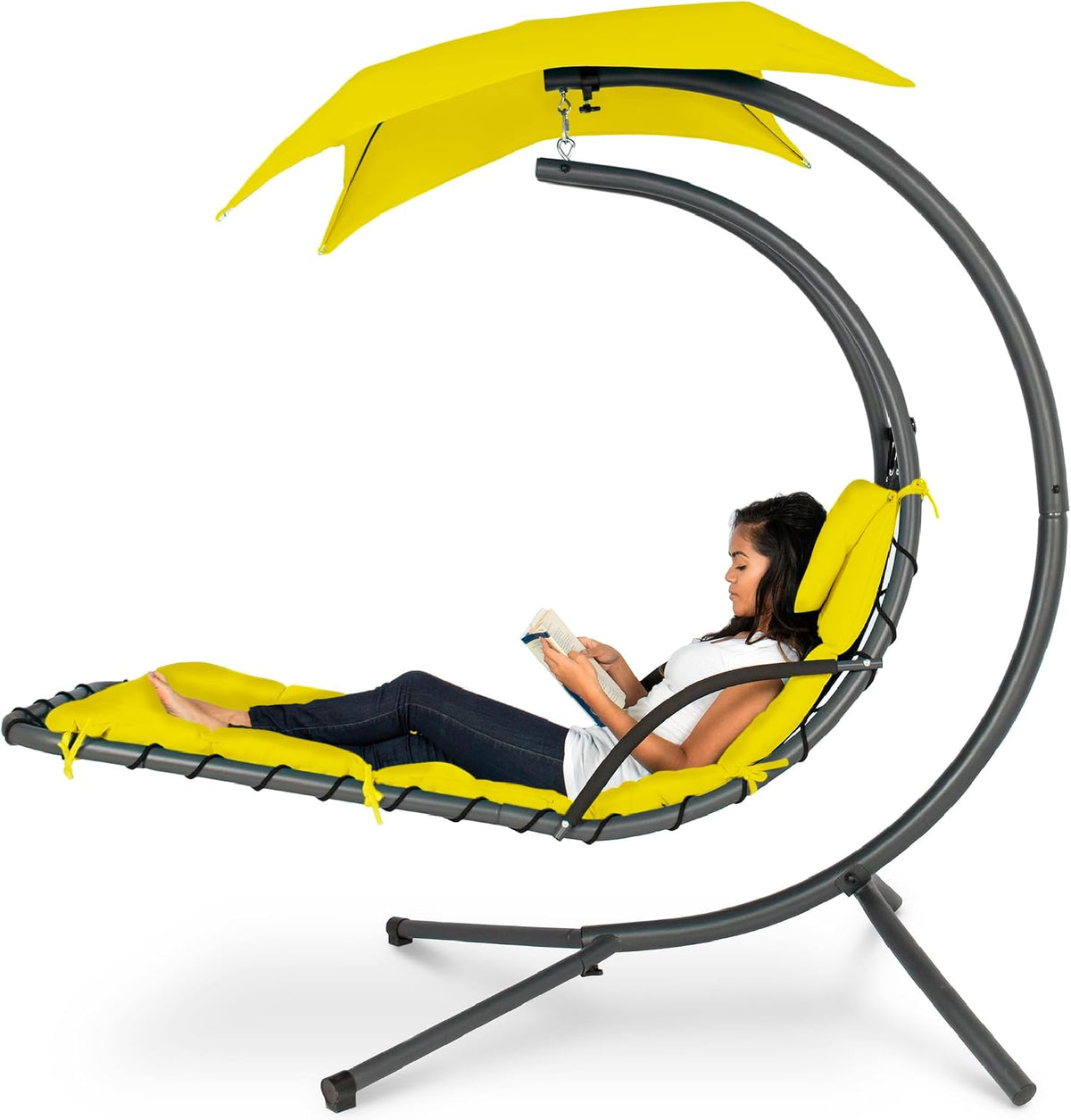Best Choice Products Outdoor Hanging Curved Steel Chaise Lounge Chair Swing w/Built-in Pillow and Removable Canopy - Yellow