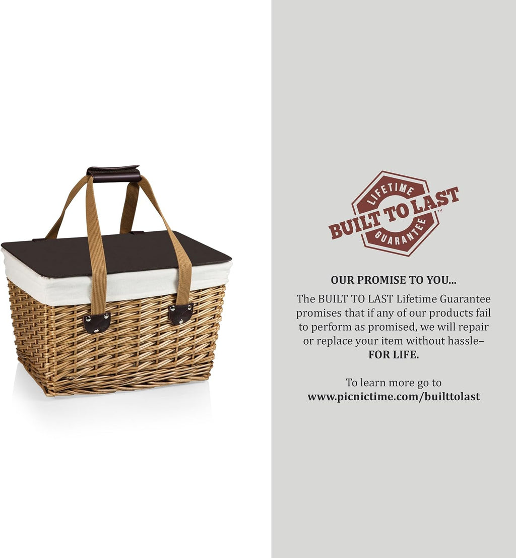 PICNIC TIME Canasta Wicker Picnic Basket, Classic Small Wicker Basket for 2 with Handwoven Willow Design, Removable and Customizable Lid Table, (Beige Canvas with Brown Lid)