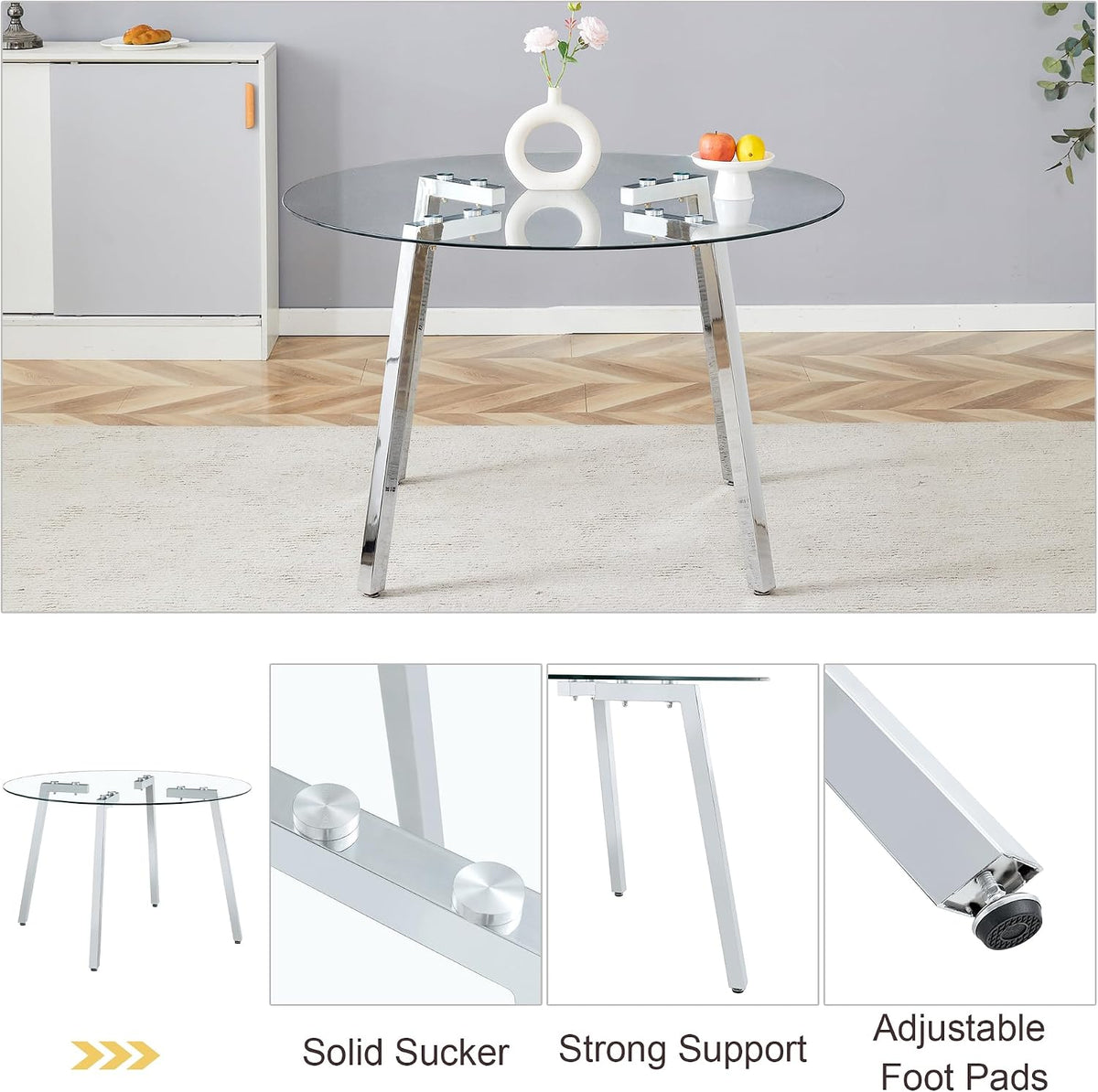 5 Piece Clear Round Glass Top Dining Set, 42'' Mid Century Modern Circle Dinner Room Set, 4 Person Luxury Circular Kitchen Table Set, Beige High-end Tufted Chairs, for Small Apartment (Silver)