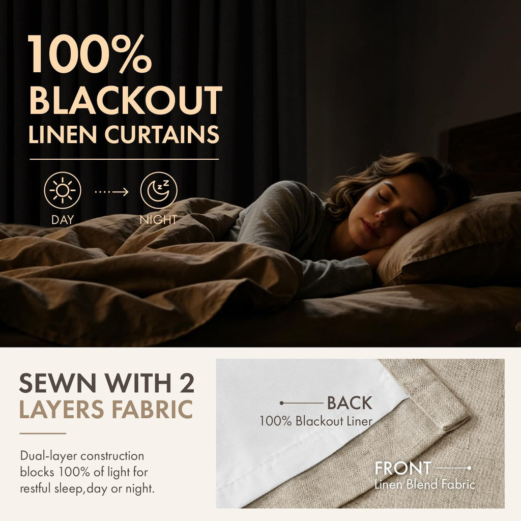 MIULEE 4 Panels Pinch Pleated 100% Blackout Linen Curtains 40"x90" Sand