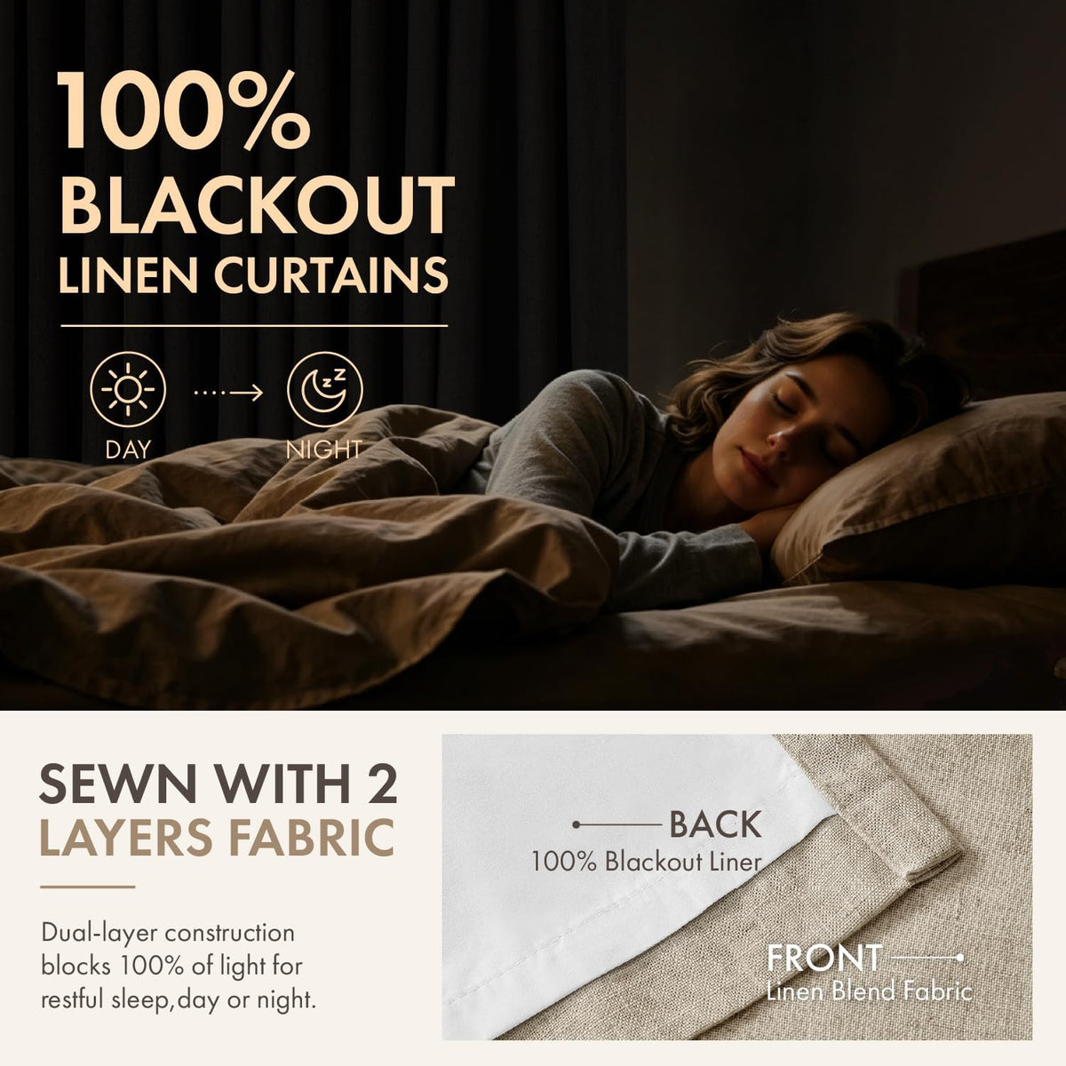 MIULEE 4 Panels Pinch Pleated 100% Blackout Linen Curtains 40"x90" Sand