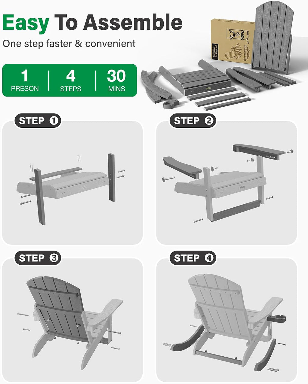 YEFU Adirondack Rocking Chairs, Adirondack Chair with Footrest, Grey